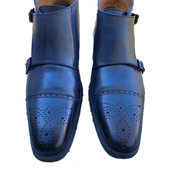 La Milano Blue Burnished Leather Double Monk Strap Cap Toe Boots 13 - Picture 4 of 13